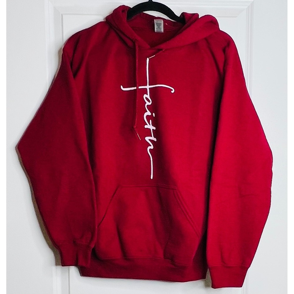 Gildan Faith Cross Hoodie Red Women Medium Sweatshirt Christian Graphic Pullover